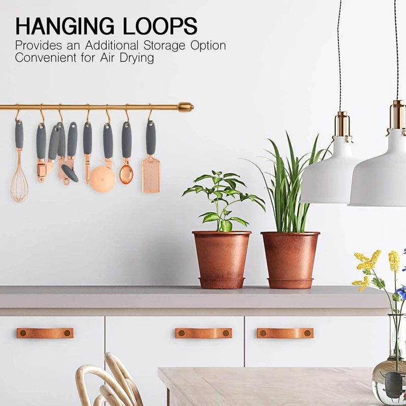 

7 Pc Stainless Steel Utensils with Soft Contact Gray Handles Kitchen Gadget Set Copper Coated