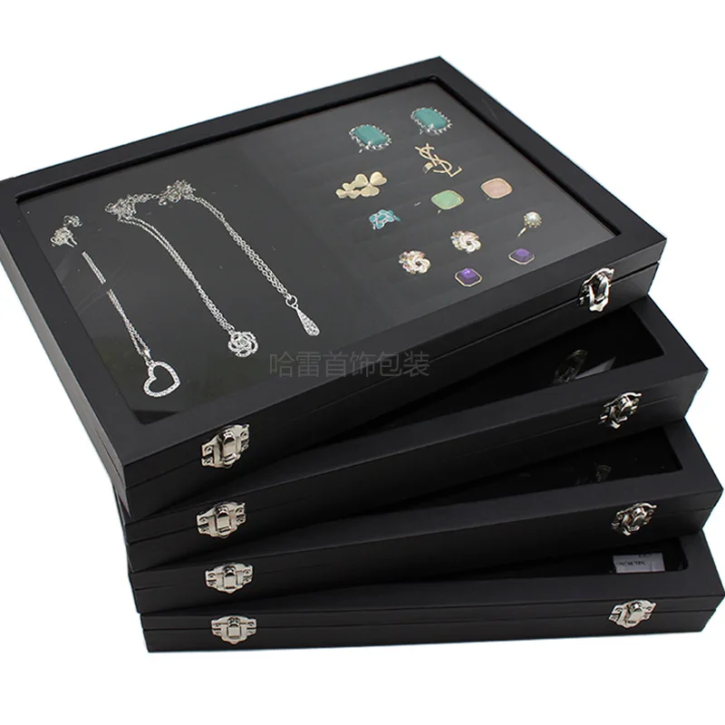 

Big Velvet black Carrying Case with Glass Cover Jewelry Ring Display Box Tray Holder Storage Box Organizer Earrings Ring Bracele