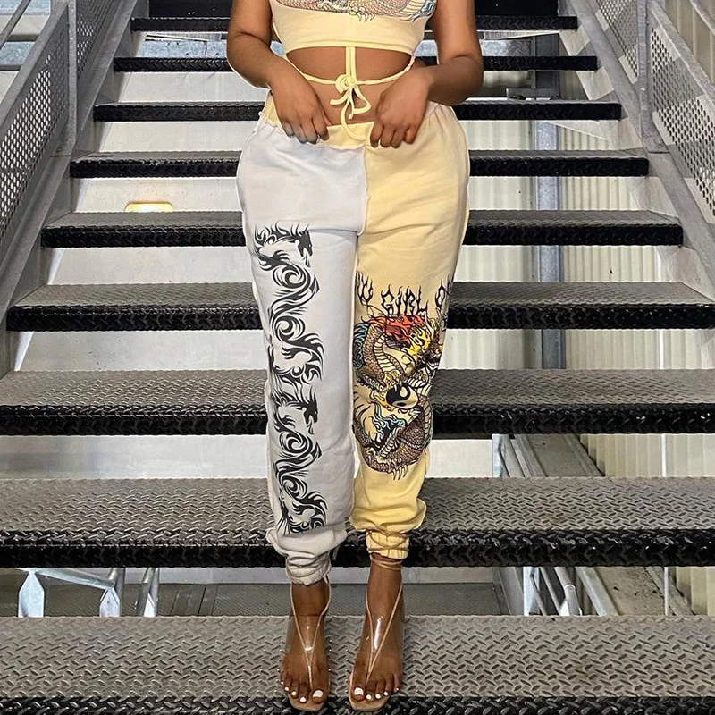 

Streetwear Pants Vintage Yellow Summer Women's Pants Gothic Y2K Chinese-Dragon Print Pants Punk Grunge Trousers Harem Pants