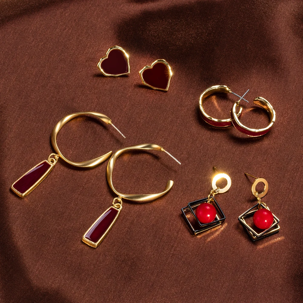 

X&P Korean Red Acrylic Earrings for Women Fashion Geometric Heart Dangle Drop Earrings 2020 Sweet Round Wedding Earings Jewelry