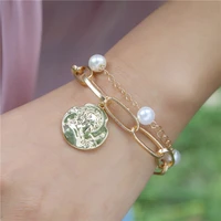 double layers charm imitation pearl bracelet bangle for women armband steampunk chunky chain bracelets friendly bangle jewelry