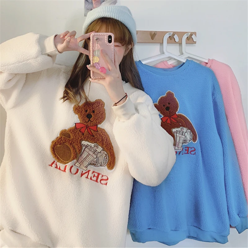 Американский Vendange медведь поярок Толстовка Женская зимняя обувь Ins музыки