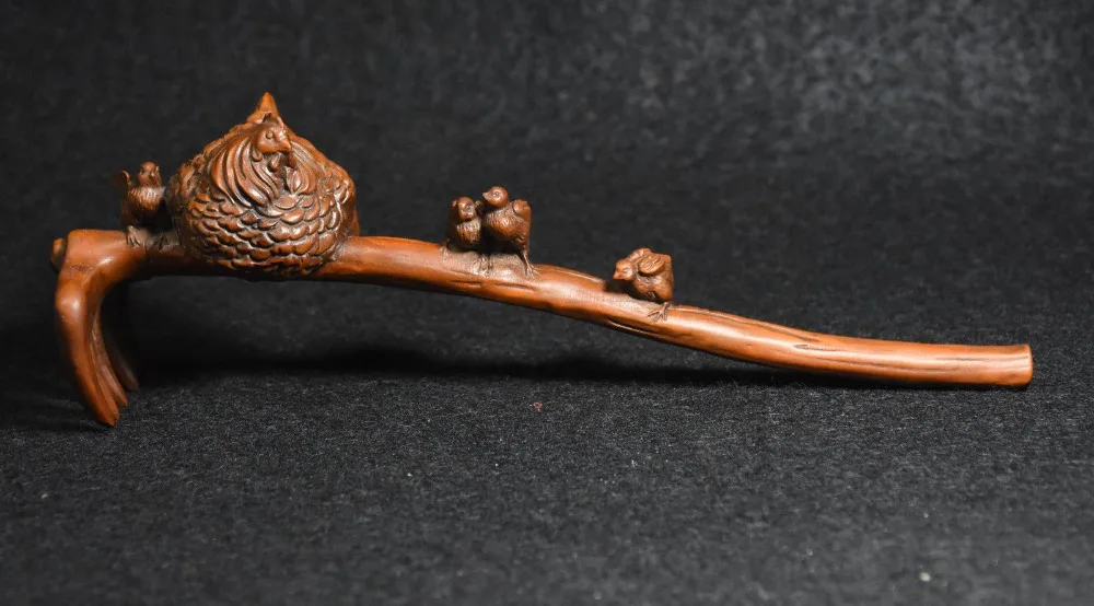 

Crafts statue 8" Chinese Boxwood Carved biddy hen chickabiddy Stand harrow Happy Family Statue