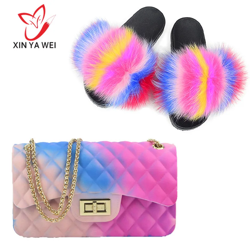 Woman fur slides-flap rainbow handbag colorful jelly shoulder bag shoes women fluffy slippers Pvc candy | Обувь