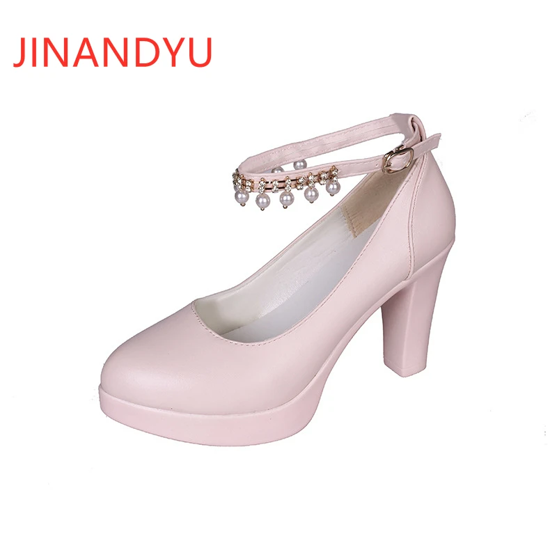 

Large Size High Heels Office Shoes Block Heels Ladies Platform Shoes Pearl Party Shoe Woman Pumps Pink Black Loafers Women Heel