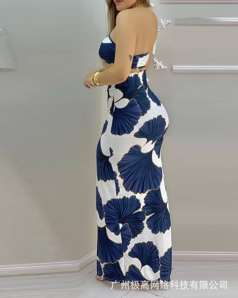 

Women's 2021 new blue drawstring print dress