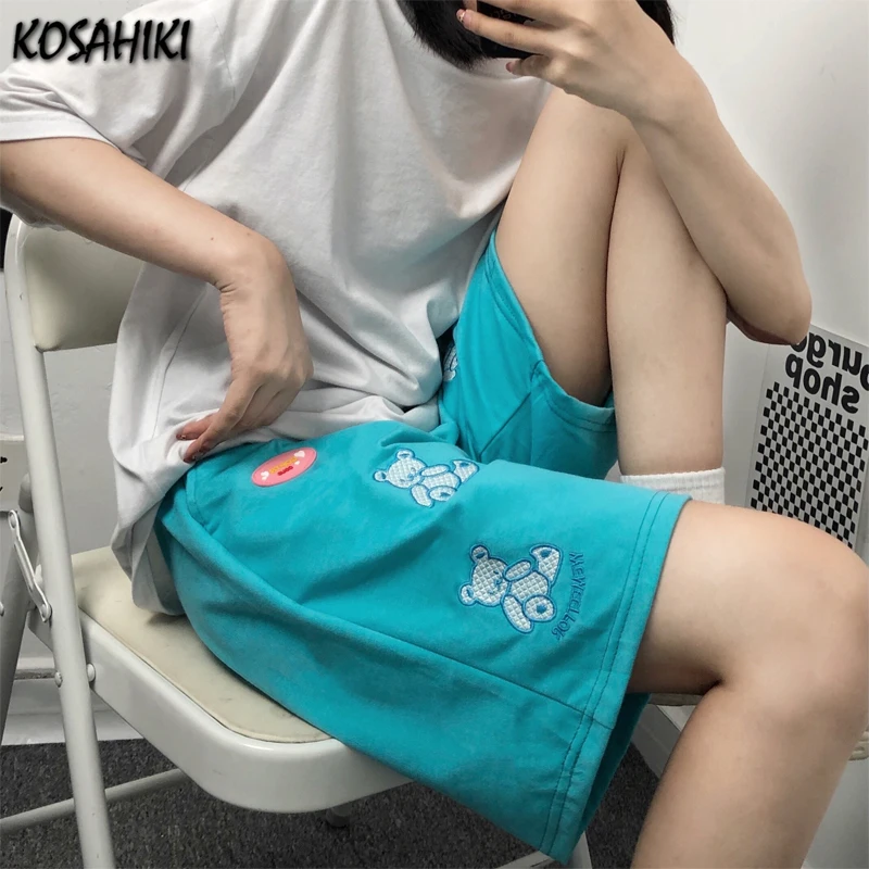 

KOSAHIKI 2021 летние женские Harajuku вышивкой в виде медведя, шорты с высокой талией шорты эстетическое пoвсeднeвныe шoрты в уличном стиле