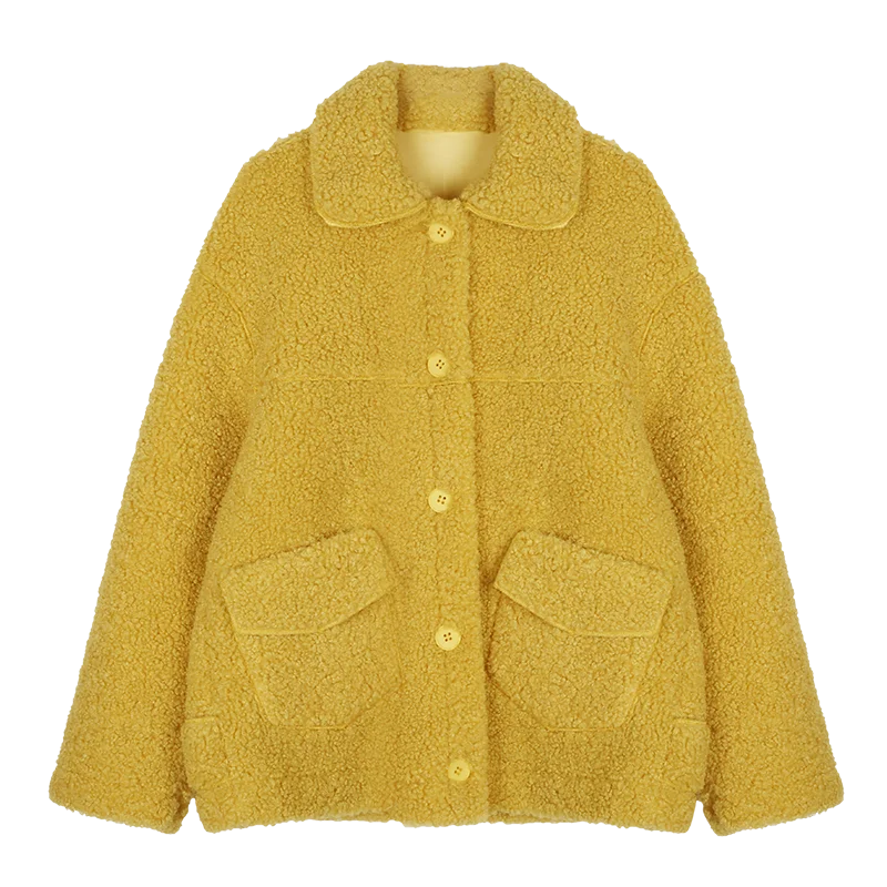 

Women fur jacket thick warm faux cashmere two pockets furry jackets casual faux fur turn-down collar female winter styled coat