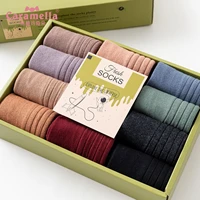 free shipping 12pairsbox caramella winter socks fashion solid color female long staple cotton double needle socks 51612