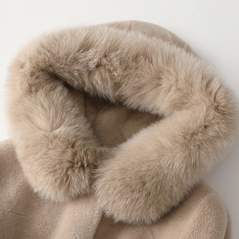 

Fox Hair Collar Warm Fashion Thick Wool Hooded Winter Solid High Quality Simple with Pockets Long Genuine Leather Coat