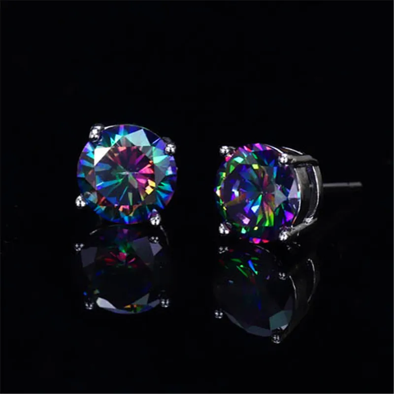 Rainbow Earrings Круглый Мистический Огонь кристалл клипсы с камнем Серьги для женщин мужчин 925 Серебряный Цвет Радуга синий зеленый циркониевый Двойные серьги свадьба - Окраска металла: Rainbow Earrings