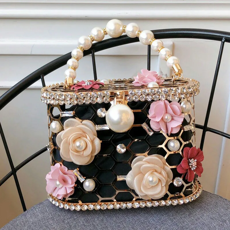 Flower black Хит, высокое качество, ажурная корзина, дизайн, бриллианты, жемчуг, женские роскошные вечерние сумки, вечерняя сумочка, модная сумка, сумка, bolla - Цвет: Flower black