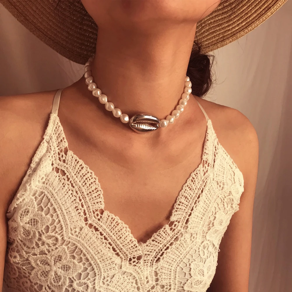 

Женское ожерелье с подвеской в виде губ, роскошная цепочка с имитацией жемчуга, колье до ключиц, Пляжная бижутерия в богемном стиле, на лето