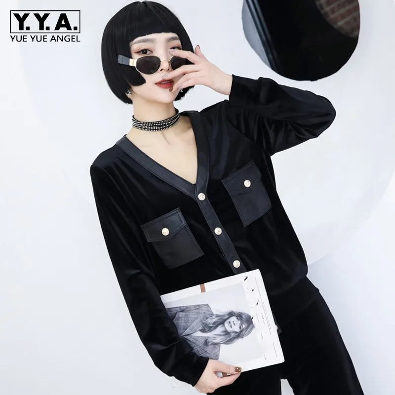

Korean Style Womens New Golden Velvet Spliced Genuine Leather Slim Shirt V-Neck Pockets Sheepskin High Quality Fashion Blouse