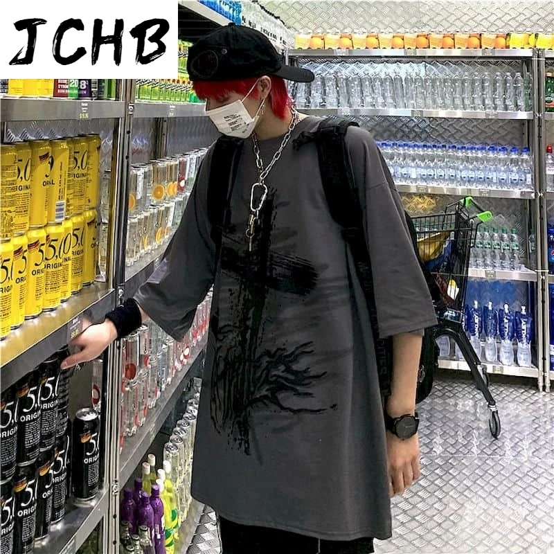 

2021 Punk T-shirt Women Tshirt Men t Shirtins Short-sleeved Trend Wild Harajuku Style Dark Black Cross Graffiti Summer Top Goth