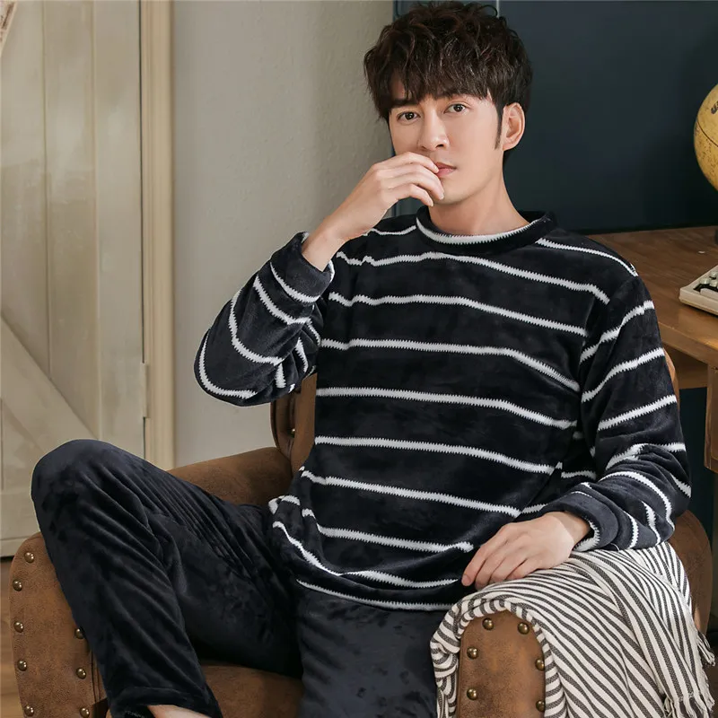 Plus Velvet Thicken Winter Men's Pajamas Set Long Sleeve O-neck Sleeping Tops Large Size Homewear Pajamas Sleep Loose Sleepwear