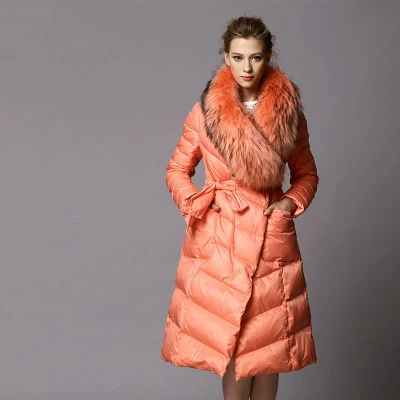 orange Пуховик женский длинный утолщенный роскошный воротник из меха енота piumino donna высококлассный брендовый Зимний пуховик для женщин T533 - Цвет: orange