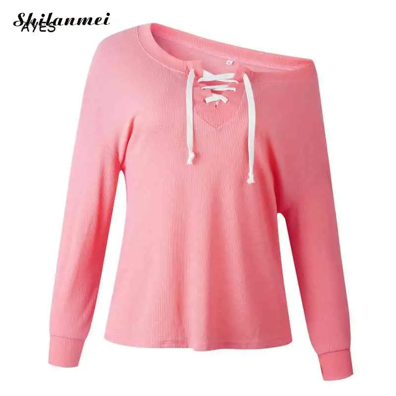 Свитер на одно плечо женские розовые свободные трикотажные пуловеры 2019 осень