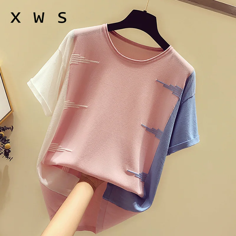 

oversize women sweater pull loose casual short sleeve o neck patchwork kint thin sweater female pink top women jumper