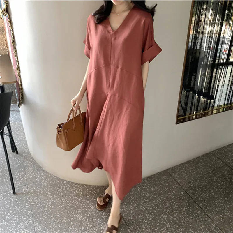 

Korean Fashion Summer Irregular Loose V-Neck Flax Oversize Dress Plus Women Simple Casual Vestido