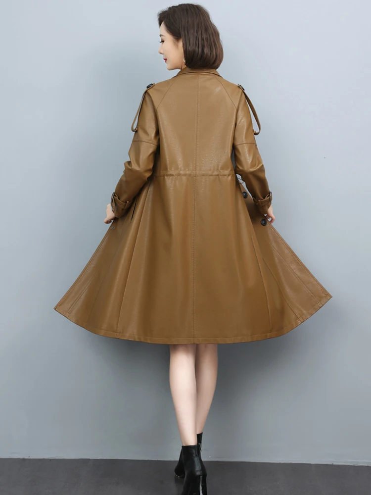 New Women Leather Trench Coat Spring 2022 Fashion Turn-down Collar Solid Color Drawstring Loose Long Sheepskin Coat