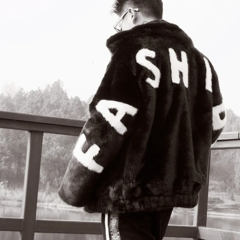 

Autumn Winter Men's Faux Fur Coat Black Red Warm Punk Stand Collar Cool Jacket Letters Printed U19