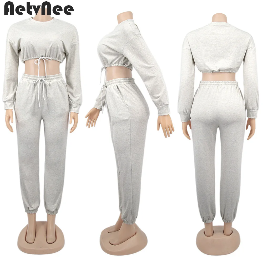

AetvNee Matching Sets Women 2021 Autumn Full Sleeve Crop Top Drawstring Sweatpants with Pockets 2 Two Piece Set Causal Tracksuit