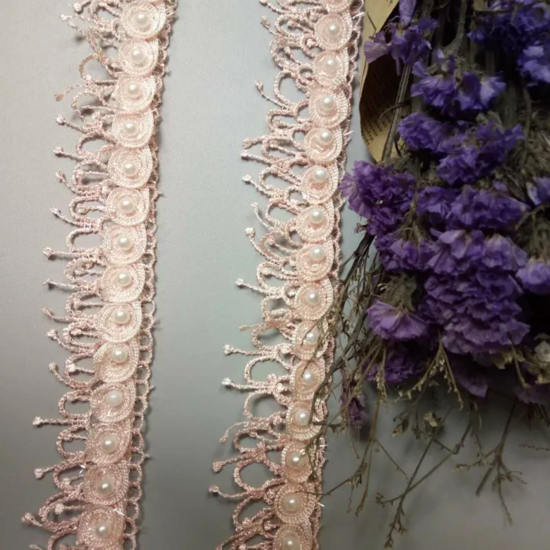 1 ярд Светло-розовый жемчуг кисточкой Цветы сливы Жемчуг Кружева отделка ленты
