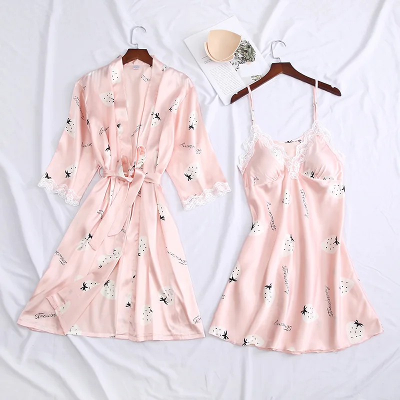 Розовая атласная пижама Женский комплект из 2 предметов халат свадебная рубашка