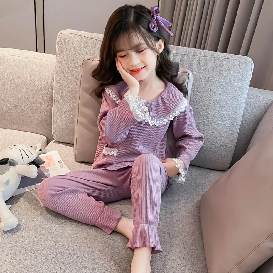 

Girl Pajamas Set Lace Flower Kids Girl Pajamas Sets Soft Cotton T-shirt+Trousers Girls Clothing Sleepwear Pyjamas