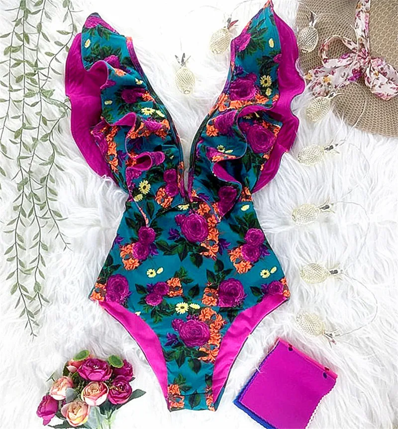 

Women One Piece Swimsuit Sexy Ruffle Printed Push Up Sexy Deep V Neck Swimwear Female 2021 Beachwear Backless Bathing Suit