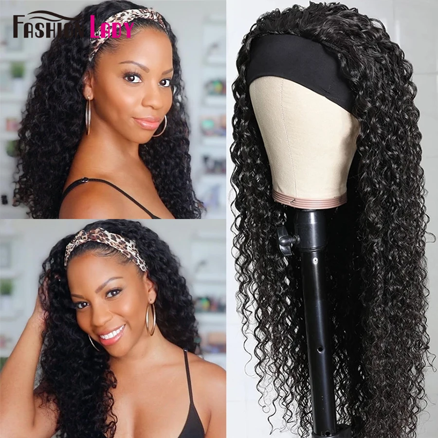 Brazilian Curly Human Hair Headband Wig Glueless Scarf Remy Human Hair Wigs for Women Full Machine Wigs Beginner Friendly 1b#