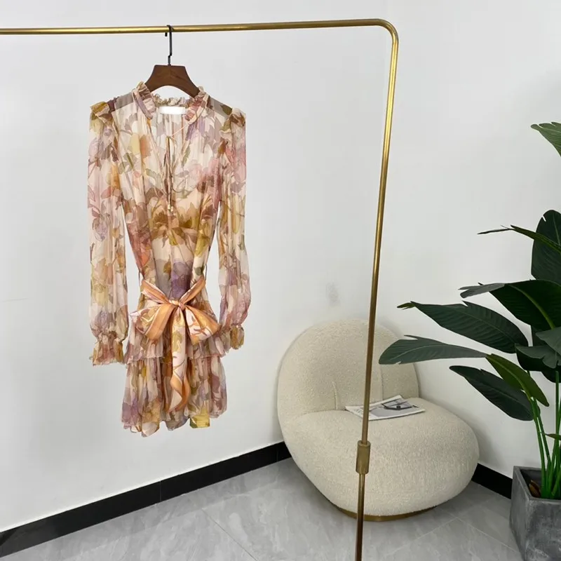 

Женское платье с цветочным принтом, многослойное ТРАПЕЦИЕВИДНОЕ мини-платье из шелка с поясом и длинным рукавом, 100%