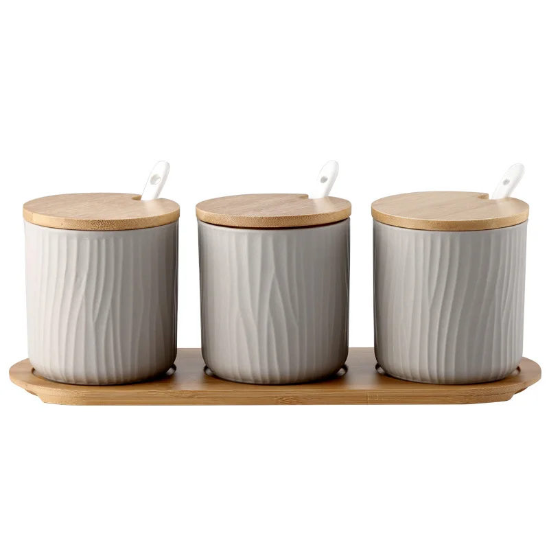 3 in 1 Nordic Ceramic Seasoning Jar Set 300ML Box Pepper Salt Can Condiments Container With Spoon Kitchen Storage Rack | Дом и сад