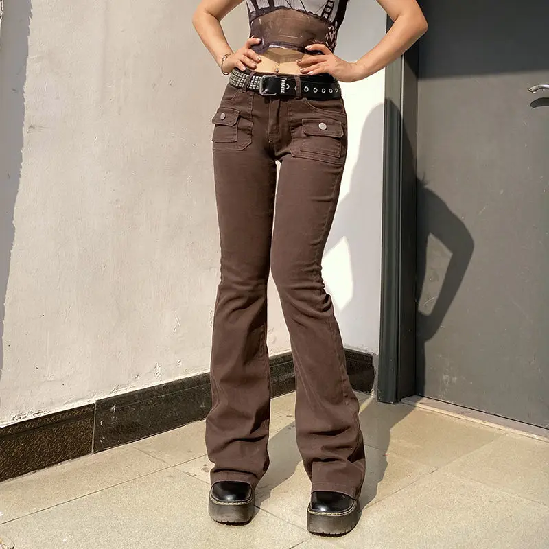 

Женские винтажные джинсы-клеш Y2K, коричневые однотонные брюки с карманами и низкой талией в стиле гранж, женские джинсы с Fairycore