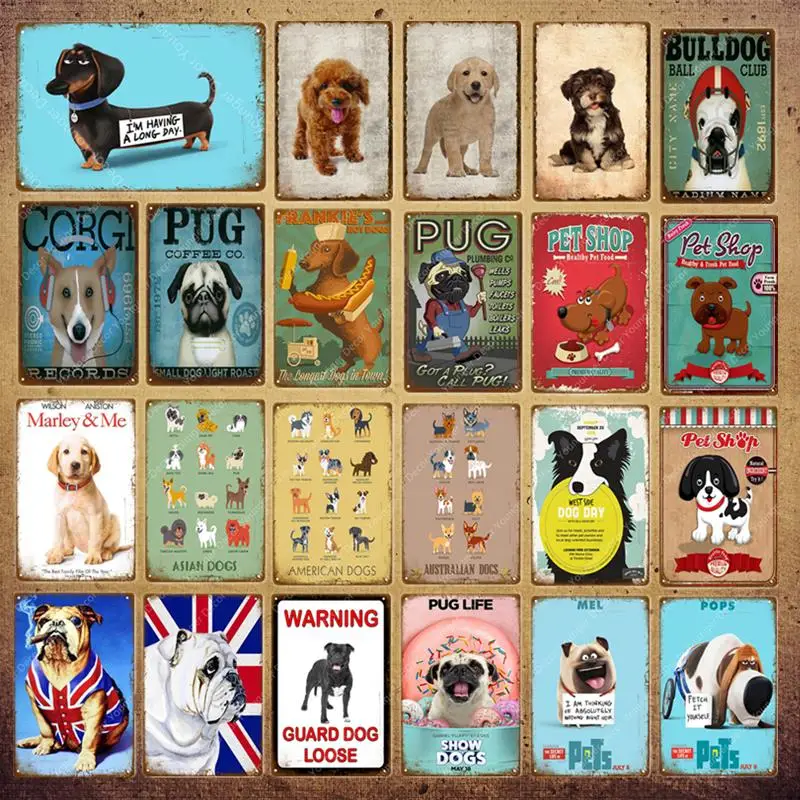 

Animal Dogs Pug Pops Metal Signs Vintage Wall Painting Poster For Bar Pub Ball Club Pet Shop Decor Retro Wall Sticker YI-106