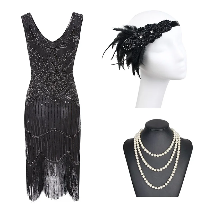 Black Silver Set 1920s Гэтсби блесток бахромой Пейсли Хлопушка платье с 20s аксессуары набор xs, s, l, m, xl, xxl - Цвет: Black Silver Set