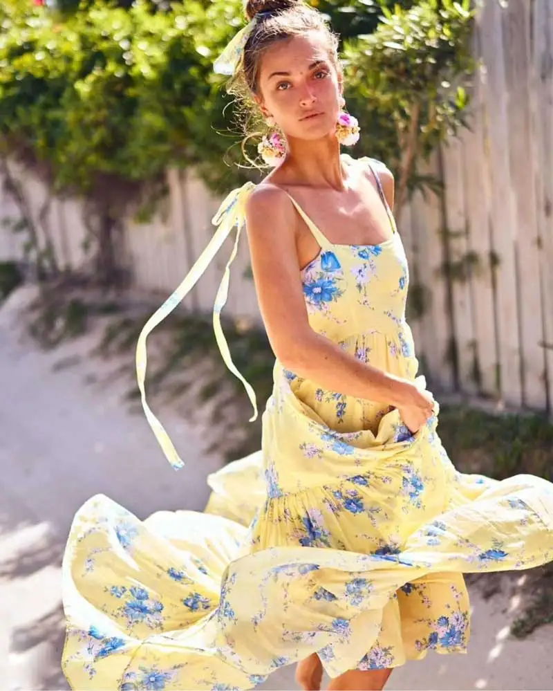 

fitted bodice cute maxi dress for women yellow floral 2021 spring summer dress sleevless bow tie party dress new
