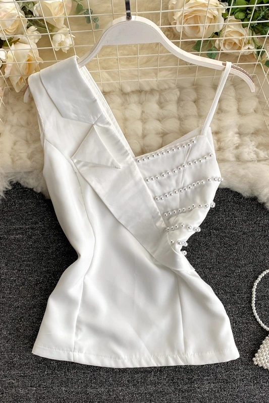 

ZOSOL Temperament Camisole Top Female Design Non-Mainstream Business Suit Collar Stitching Beaded Short Slim Section Tops Women
