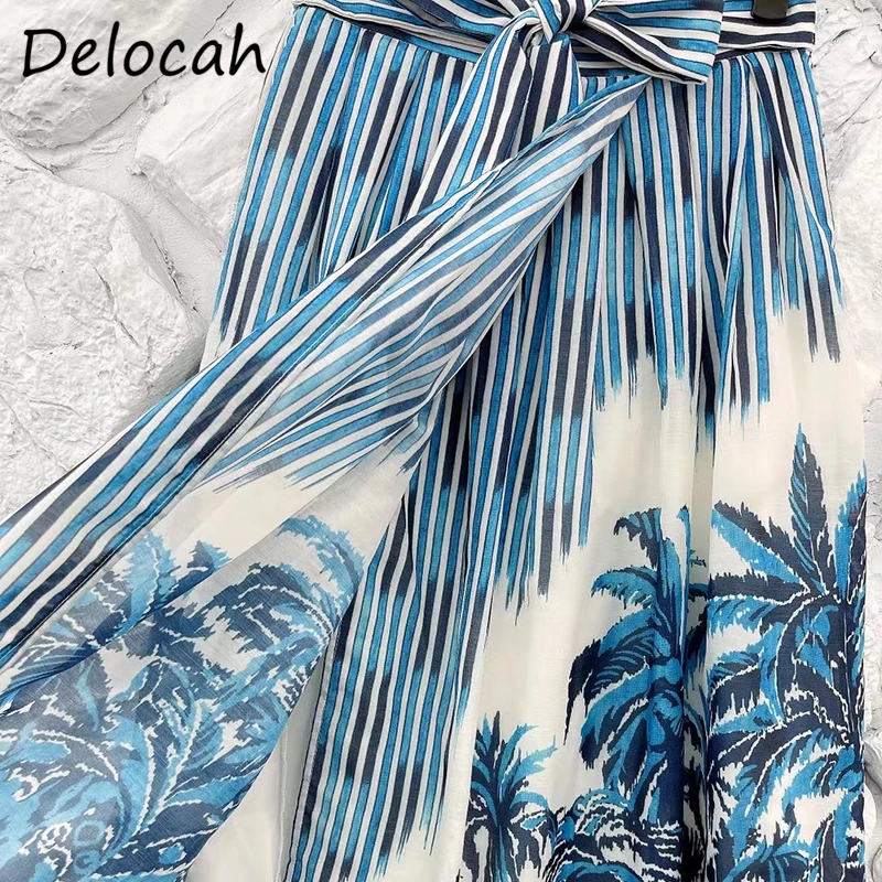 

Delocah New 2021 Summer Women Fashion RunwayA-Line Skirts High Waist Bow Striped Print Ladies Casual Elegant Cotton Midi Skirts