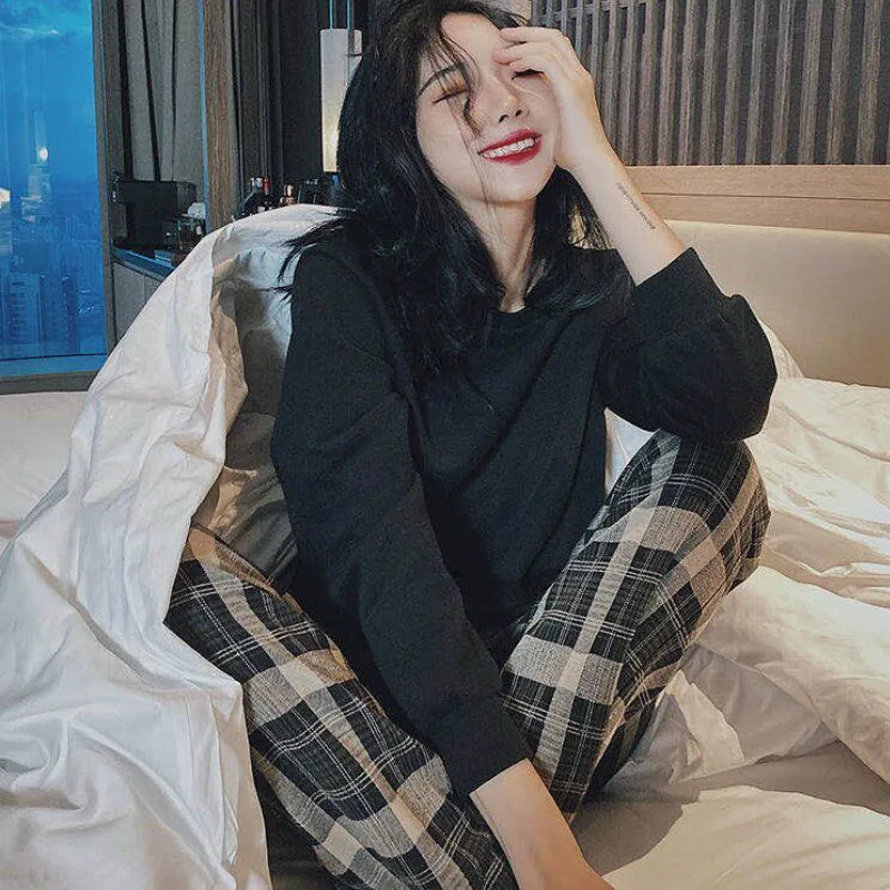 

Пижамный комплект FAKUNTN женский домашний модный Свободный однотонный топ с круглым вырезом и длинным рукавом Брюки в стиле пэчворк Женская о...