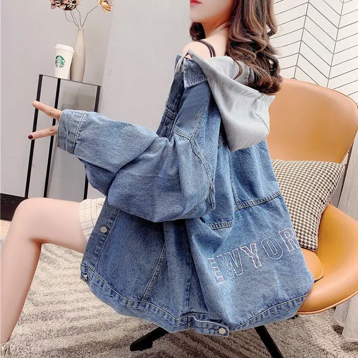 

Hooded Denim Jacket Womens Korean Version Loose 2021 New Spring And Autumn Lazy WindNet Red Frock Top Fashion Harajuku Plus Size