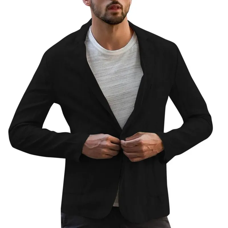 

Men Spring Solid Color Long Sleeve Pockets Cotton Linen Slim Blazer Coat Jacket Coats Clothing Men Blazer Korean