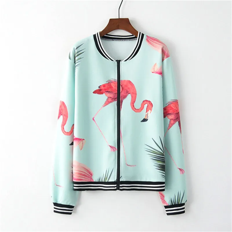 

Женская модная бейсбольная куртка с длинным рукавом и контрастными полосатыми манжетами и цветочным принтом фламинго, куртка на молнии для...
