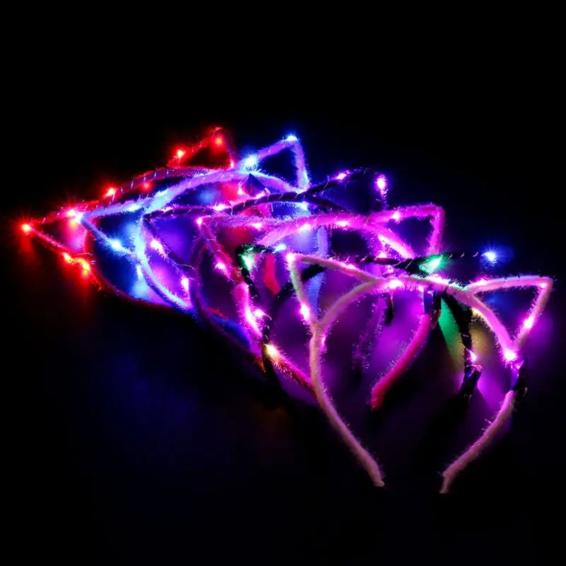 1Pc Women Girls LED Flashing Cute Pointed Cat Ears Hair Hoop Glowing String Lights Plush Cloth Wrapped Headband Party Supplies |
