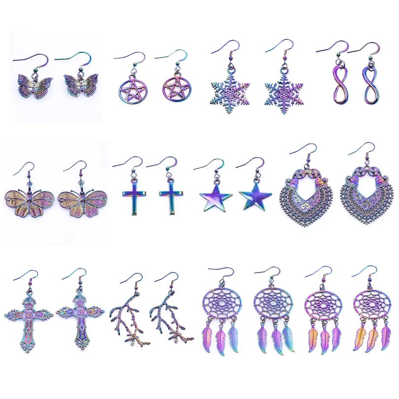 

Crosses Dreamcatcher Butterfly Charm Earring Dangle Pendientes Rainbow Snowflake Pentagram Earrings For Women Girl Jewelry Gift