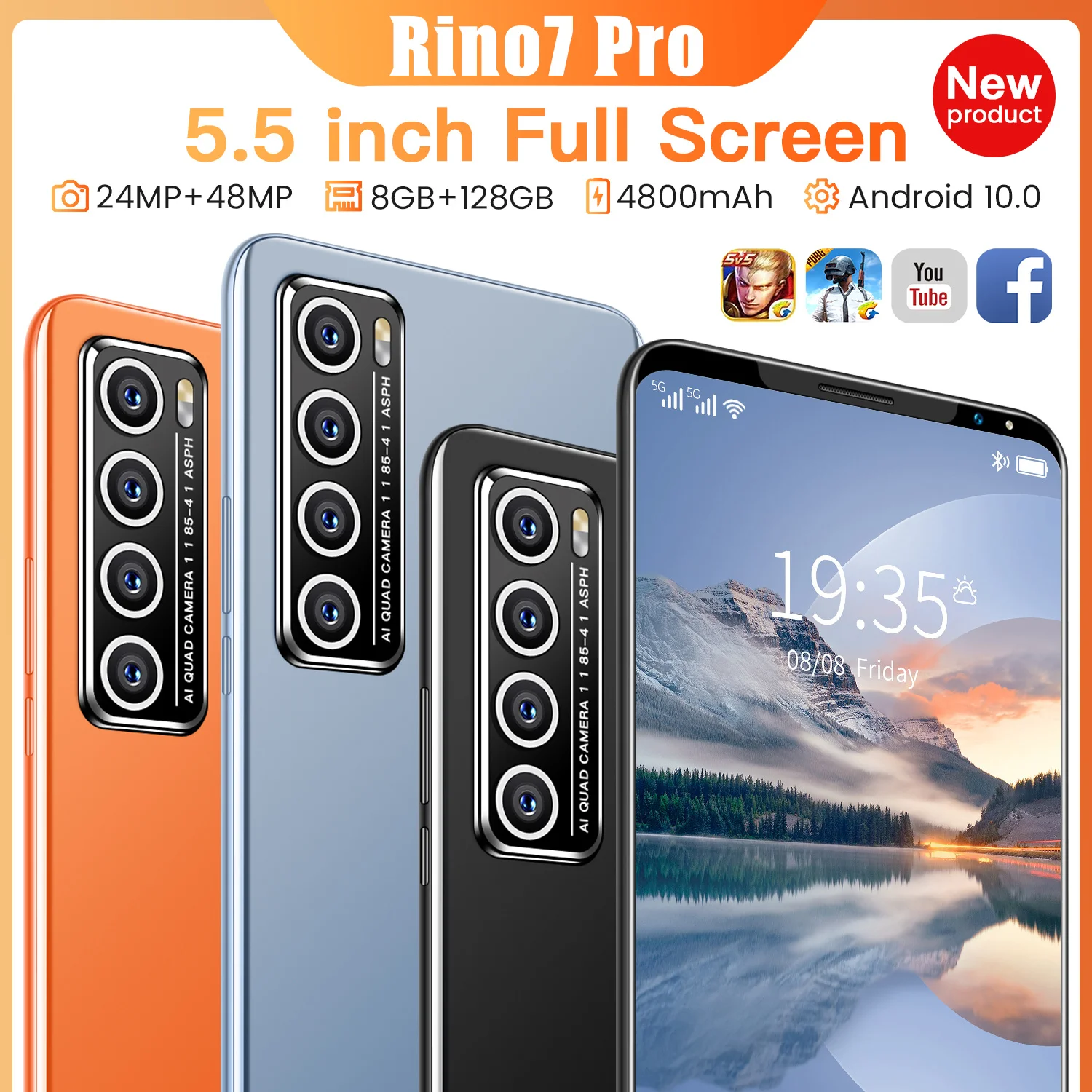

Rino7 Pro 8+128GB Dual SIM+Micro SD 10 Core 5.5 Inch Smartphones Fingerprint Face ID 24+48MP 4800mAh Smartphone Andriod 10.0