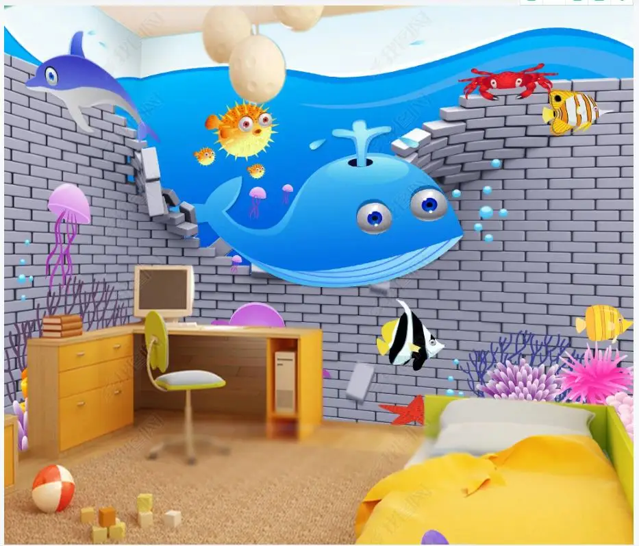 

Custom photo wallpaper for walls 3 d murals Cartoon underwater world wall brick dolphin children's room background wall papers