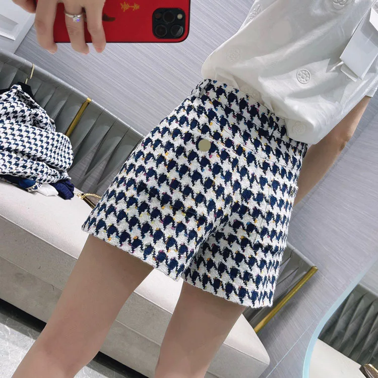 

High-end Brand Blue Plaid Shorts for Women Summer 2021 New Streetwear High Waist Shorts Top Quality Blended Knitted Shorts Lady