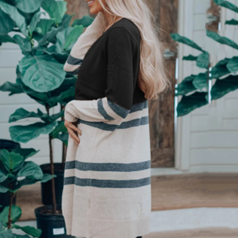 Женский длинный кардиган в полоску Umeko Осенний Вязаный Кардиган с длинным